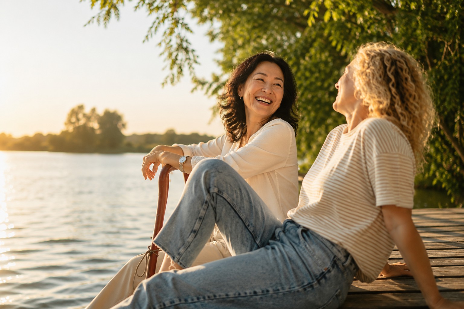 Two adults laughing together by a lake in warm evening light