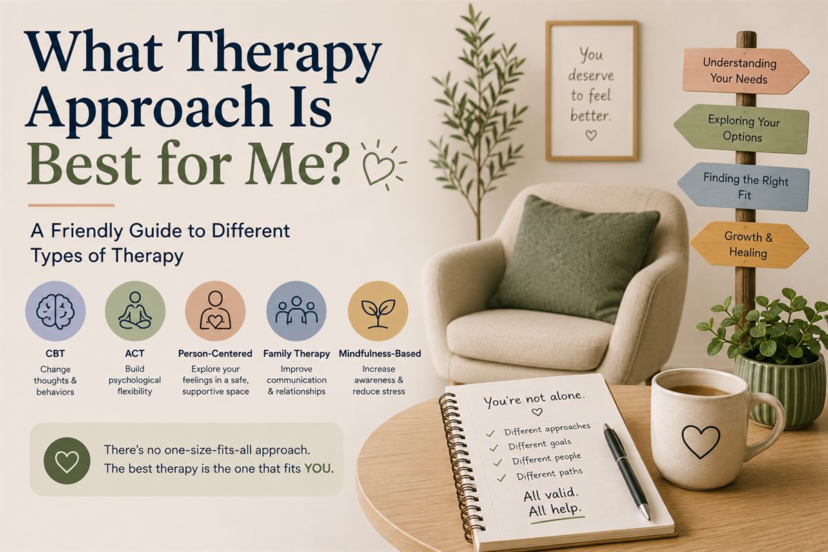 A friendly guide to different types of therapy, CBT, ACT, person-centered, family and mindfulness