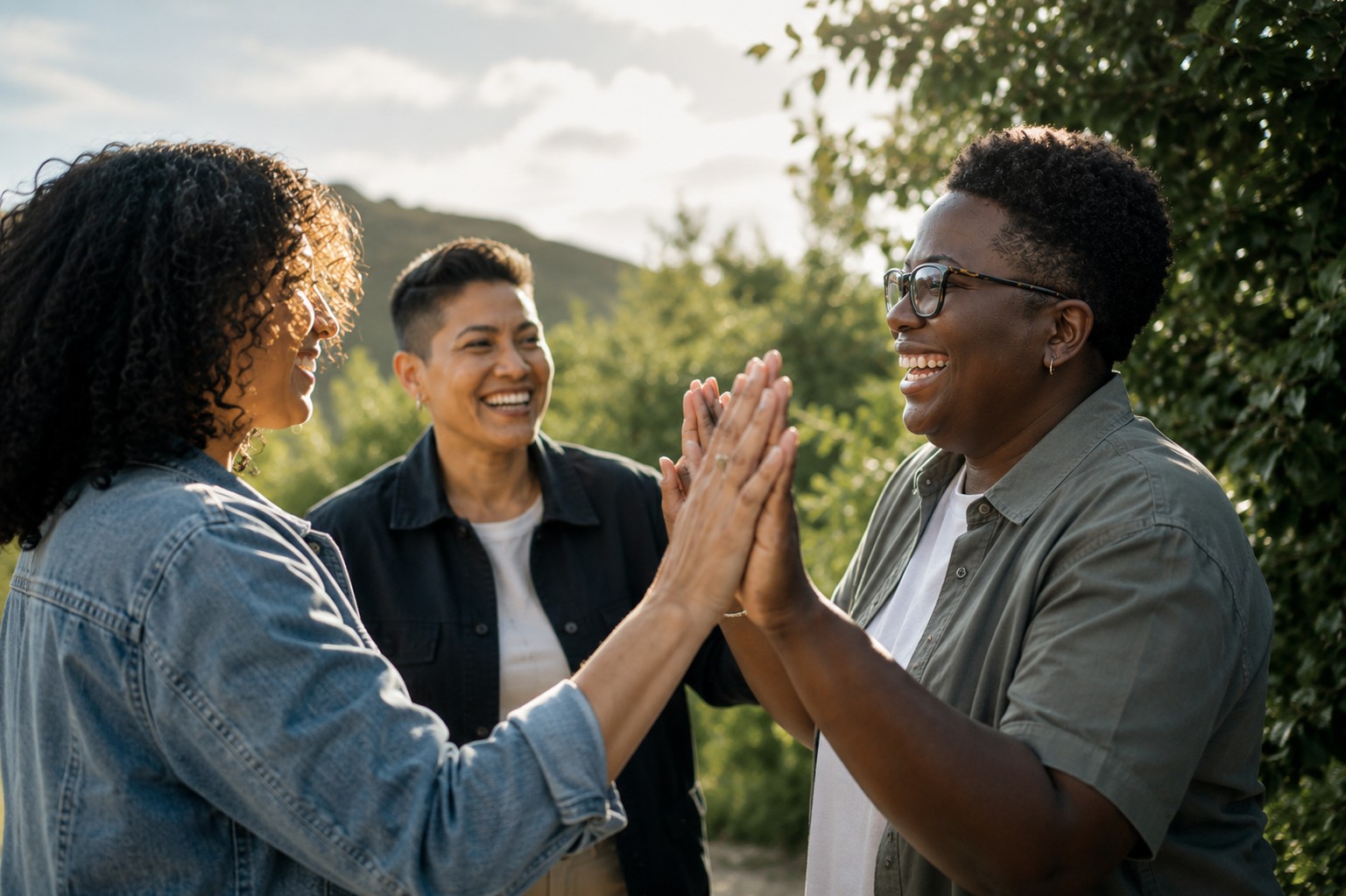 Three women smiling and supporting one another outdoors in warm evening light